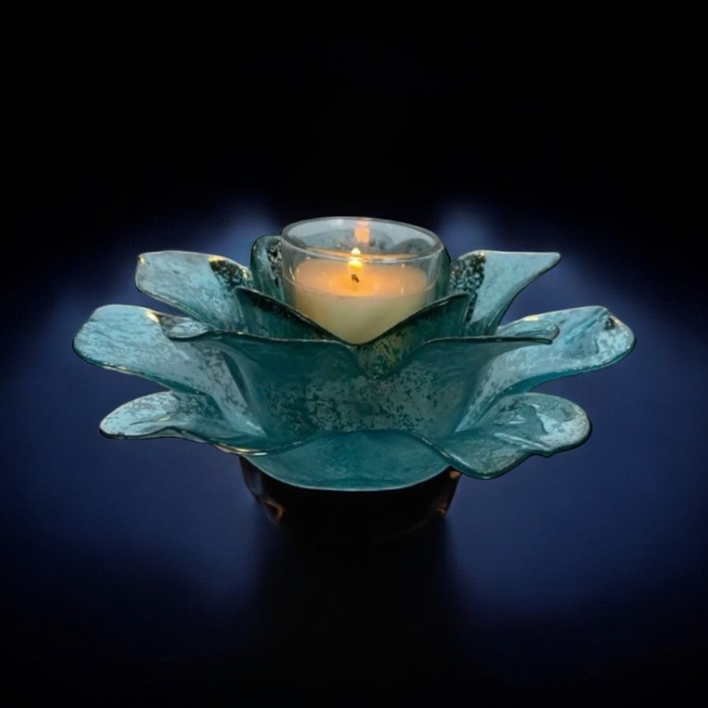 Teal Glass Lotus Candle Holder 3-in-1 Stackable Votive Trio